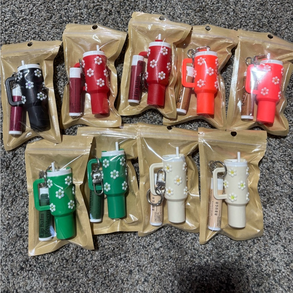 10 pack Custom rhinestone chapstick Stanley keychain holders!